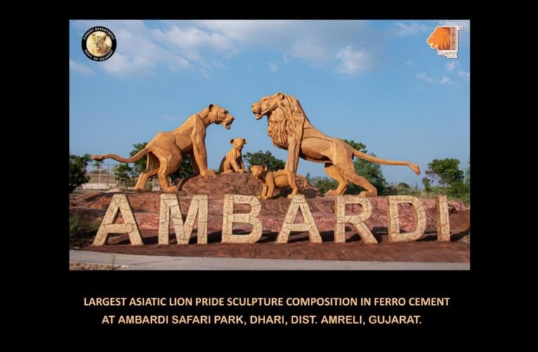 Largest Asiatic Lion Pride Sculpture Composition in Ferrocement Installation at Ambardi Safari Park, Dhari, Amreli, Gujarat, India